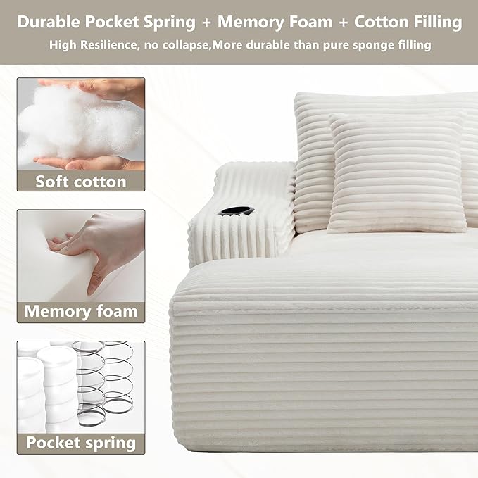 PELUMY 67 Oversized Chaise Lounge Sofa Bed Corduroy Boneless Sleeper Sofa with 2 Pillows &amp 2 Cup Holders Plush Cloud Couch for Living Room No Assembly Required (White)