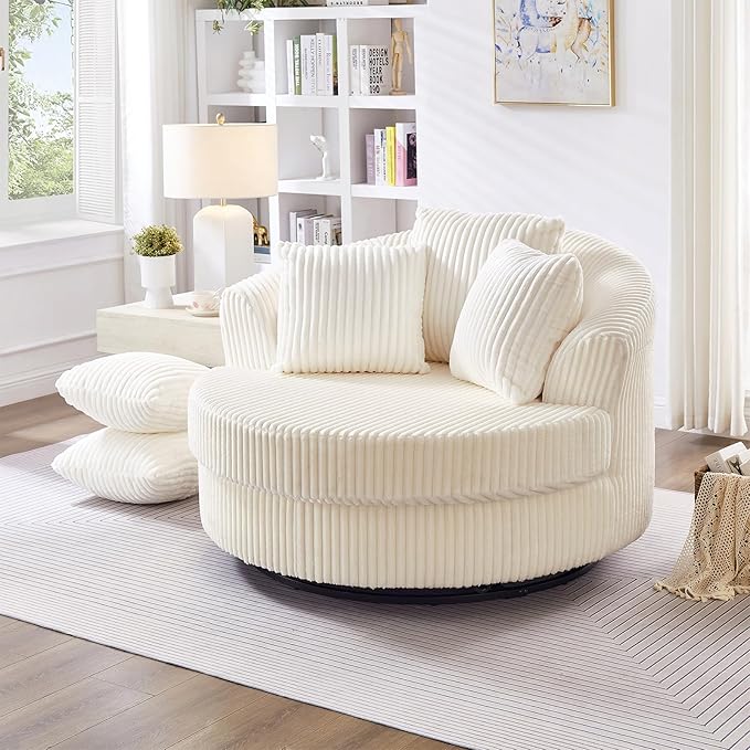 360 Degree Oversized Swivel Chair 50 Round Lounge Chair Modern Accent Circle Chair W/ 5 Pillows Upholstered Corduroy Sofa Chair for Living Room Bedroom Apartment Beige