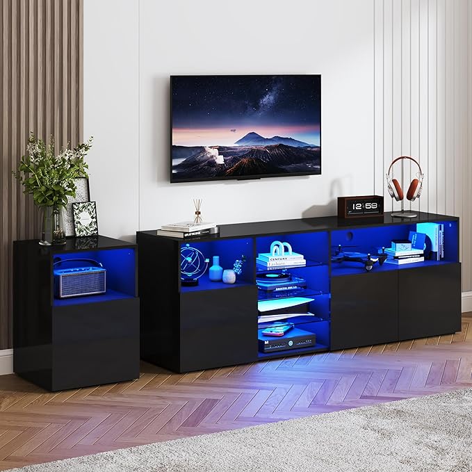LED TV Stand for 85 Inch TV Modern TV Stand with Power Outlet High Glossy Modern TV Console Entertainment Center with Storage and LED Lights for Living Room Bedroom Black