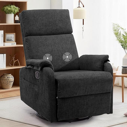 Swivel Rocking Recliner with Massage Small Glider Chair for Nursery Modern-Designed Armrests Chair for Adults Living Room Chenille Black