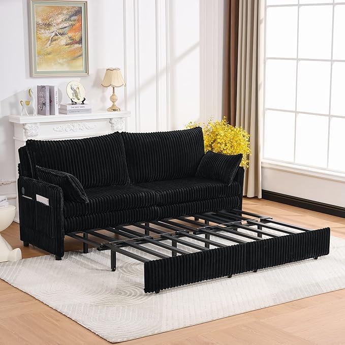 KEIKI 73 3-in-1 Pull Out Sofa Bed Convertible Corduroy Sleeper Sofa with USB Ports &amp Side Pockets Modern Futon Couch for Living Room Apartment or Bedroom Black