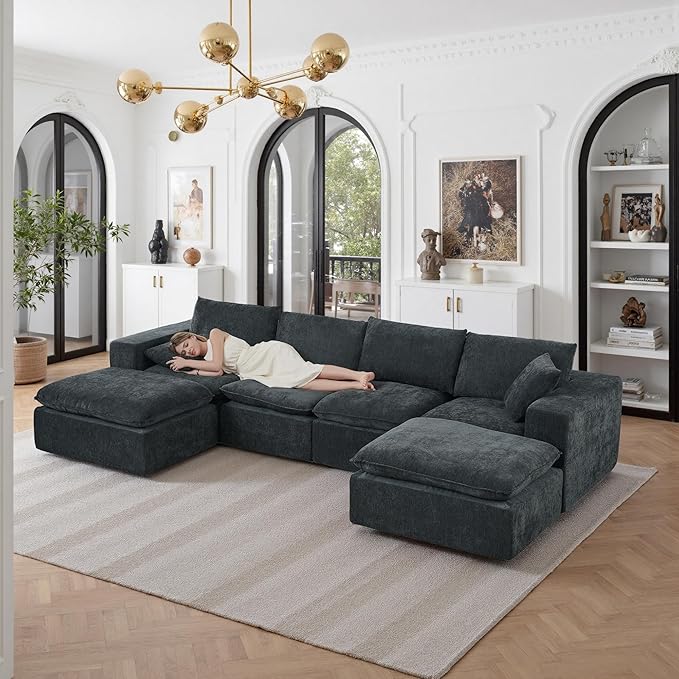110 Sectional Couches for Living Room Boneless Couch Upholstered Cloud Couch Sectional Modular Sectional Sofa with L Shaped (Chenille-Dark Grey 4 Seat+2 Ottoman)