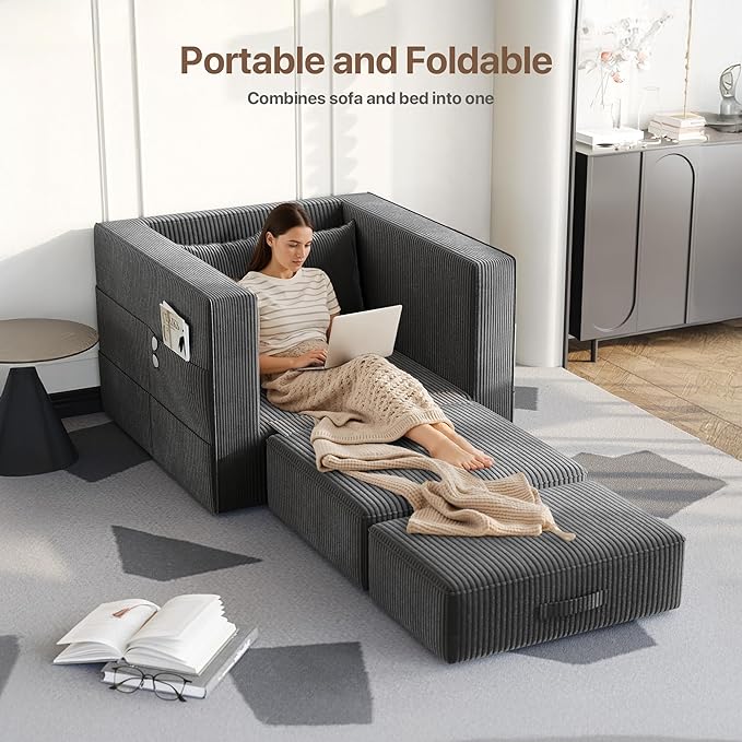 Claiks Convertible Sofa Bed2 in1 Folding Sofa BedArmchair Sleeper Sofa Boneless Corduroy Couch with 2 Pillows Pillows for Living Room BedroomDark Grey
