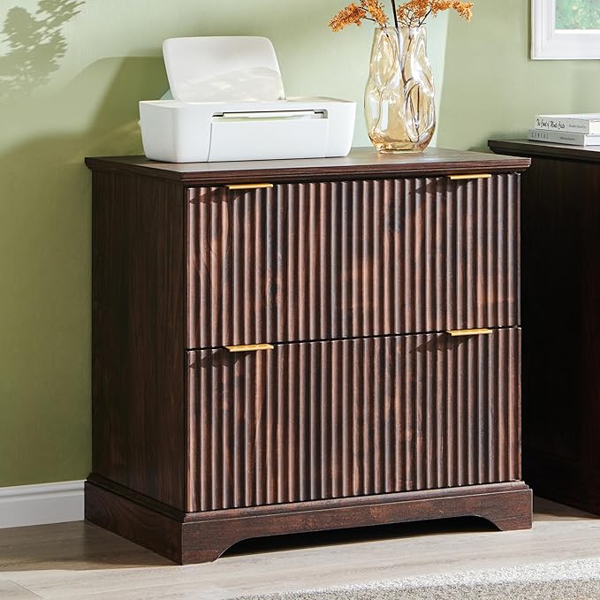 JXQTLINGMU 2 Drawer File Cabinet with Charging Station 30 Fluted Lateral File Cabinet w/Files Hanging Rod for Letter/Legal/A4 Large Tabletop for Printer Office Wood Printer Cabinets Dark Walnut
