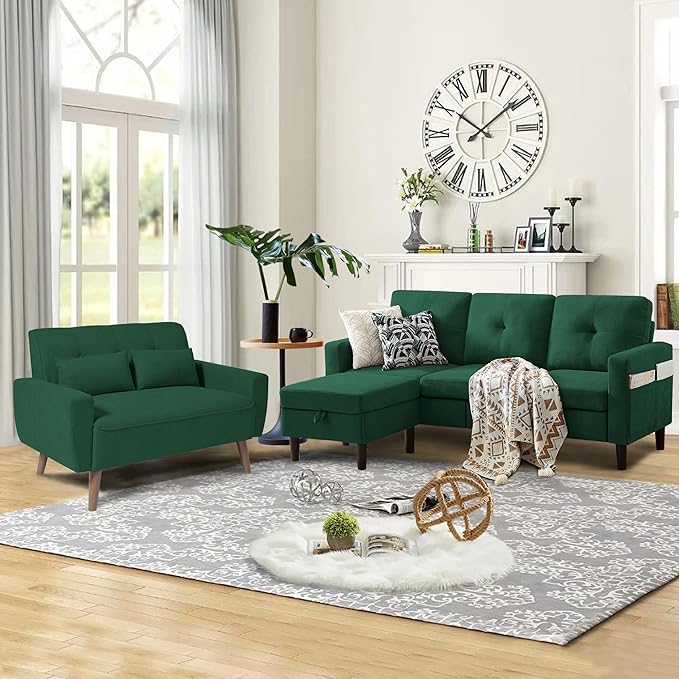 2 Pcs Convertible Sectional Sofa Set 3-Seater L Shaped Couch with Reversible Chaise and Comfy Loveseat Sofa Polyester Fibre for Living Room Green