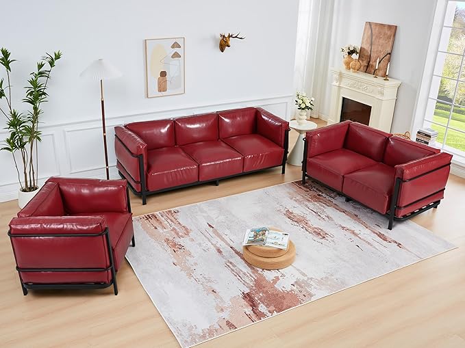 QHITTY 3 Seater Sofa Mid-Century Modern Upholstered Couch Chair Faux Leather Sofa Couch with Iron Frame and Upholstered Armrest Backrest Cushion for Living Room Office Apartment (Burgundy)