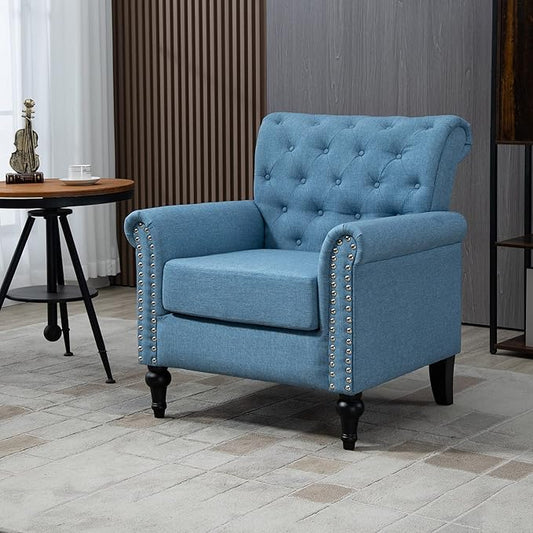 Mid Century Modern Accent Chair Linen Armchair wTufted BackWood Legs Upholstered Lounge Arm Chair Single Sofa for Living Room BedroomLight Blue
