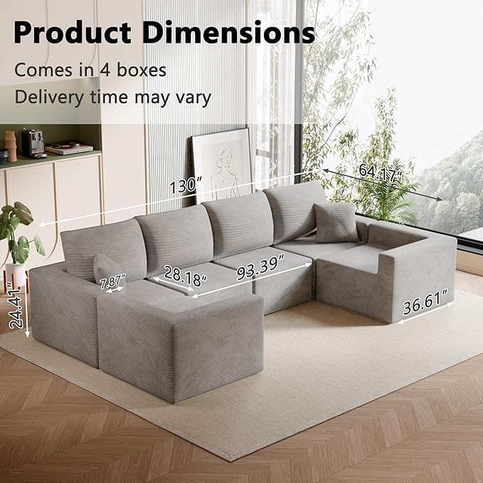 Homall Sectional Couches for Living Room Modern Boneless Couch with Deep Seat Upholstered Cloud Sofa No Assembly Required (Grey Oversized Sofa)
