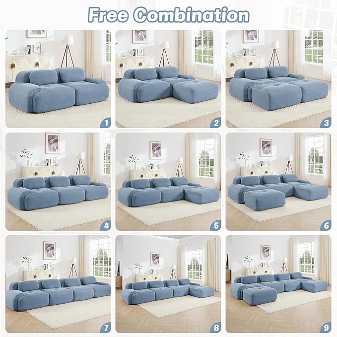 Modular Sectional Sofa Boneless Couch Corduroy Cloud Couch Modern Deep Seat Comfy Sectional Couches for Living Room Oversized 6 Seater Sofa for Bedroom Apartment - No Assembly(Blue)