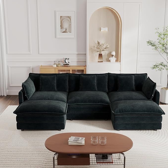 Setawix Modern Modular Sectional Sofa 111.5 Upholstered Chenille 3-Seater with 2 Movable Ottomans Comfy U-Shaped Sofa Oversized Deep Seat Cloud Couch with 5 Pillows for Living Room Black