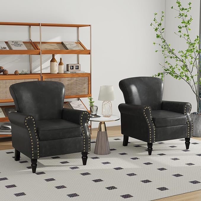Accent Chair Mid Century Modern Faux Leather Arm Chair with Wood Leg for Living Room Bedroom Comfy PU Leather Club Reading Chairs with Wingback &amp Nailhead Trim (Leather Black Set of 1)