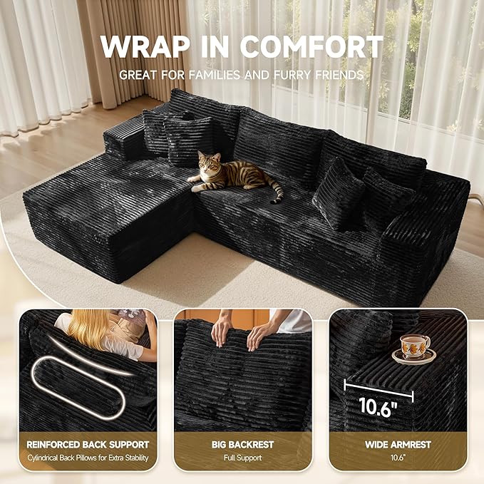 108 Modular Cloud Sofa High-Density Foam Sectional Couch Oversized Convertible L-Shaped Sofa Bed with Plush Fabric Deep Seats Wide Armrests Boneless Couches for Living Room Black