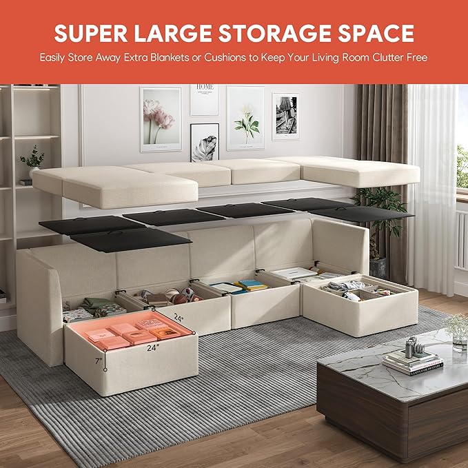 VOLUNCE Modular Sectional Sofa Convertible U Shaped Couch with Storage Ottoman Throw Pillow 4 Seat Sofa Set with Double Reversible Chaises Sectional Sleeper Sofa Bed for Living Room Beige