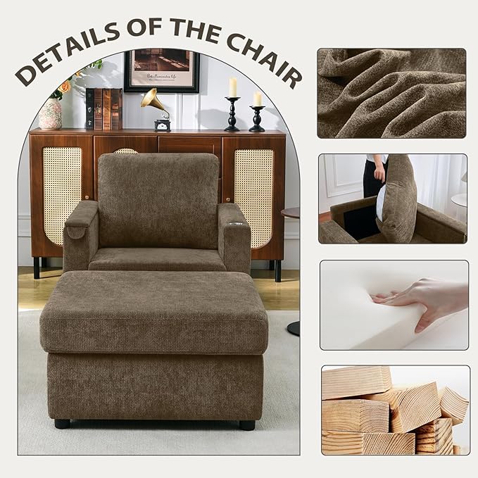 Modern Accent Chairs with Storage Ottoman Set Chenille Reading Armchair with Tray Table and Charging Ports Comfy Chaise Lounge Chair for Living Room Bedroom Reading Nook Brown