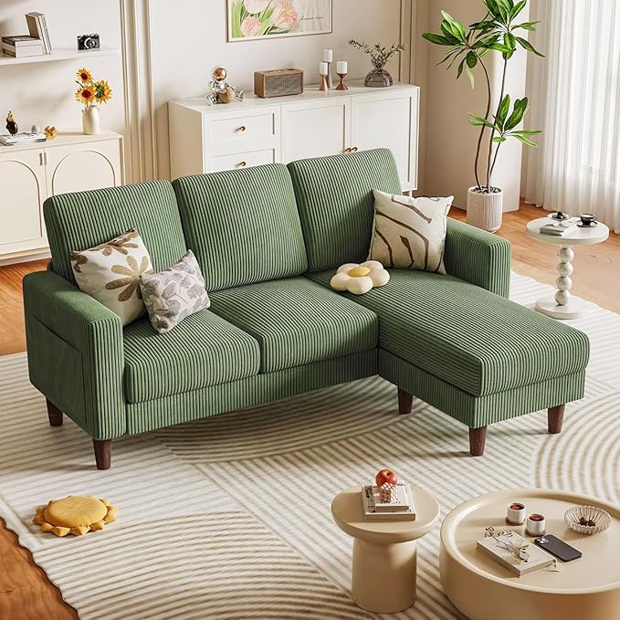 Homall Convertible Sectional Sofa 3 Seat L Shaped Couch with Side Storage Pocket Sofas with Movable Ottoman Corduroy Small Couches for Living Room &amp Apartment (Corduroy Green)