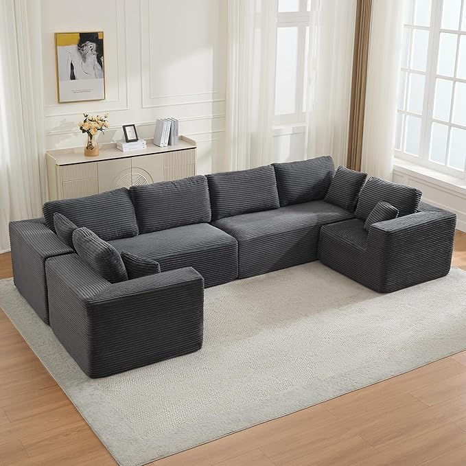 Modular Sectional Cloud Couch for Living RoomModern Boneless Couche Set with Plush CorduroyComfy Floor Sofa with Memory FoamStupendous U Shaped SofaNo Assembly RequiredGrey