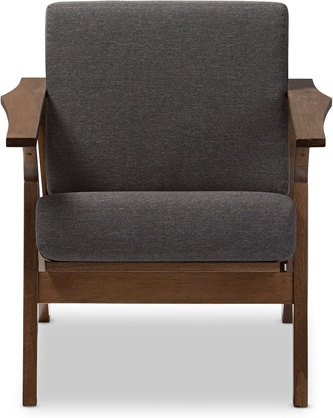 Baxton Studio Genie Mid-Century Modern Wood Grey Fabric Living Room 1-Seater Lounge Chair Walnut