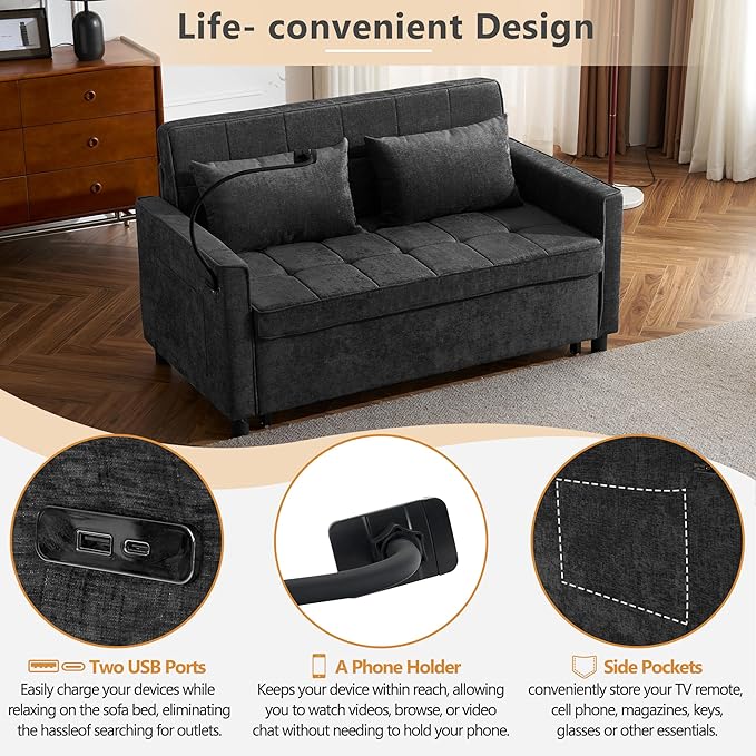Merax Pull-Out Sleeper Sofa Bed with Reversible Backrest and Two Throw Pillows 3 in 1 Foton Couch with USB Ports &amp Phone Holder Chenille Loveseat for Living Room Black