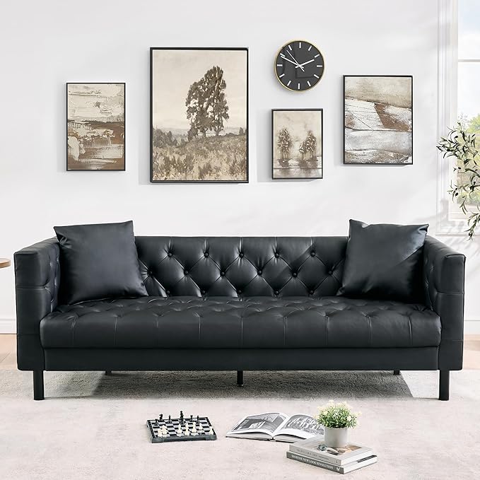 81 Button-Tufted Leather Sofa Mid-Century Modern Chesterfield 3 Seater with Deep Seat and 2 Pillows Ideal Leather Couch for Living Room Apartment and Office Use (Charcoal Black)