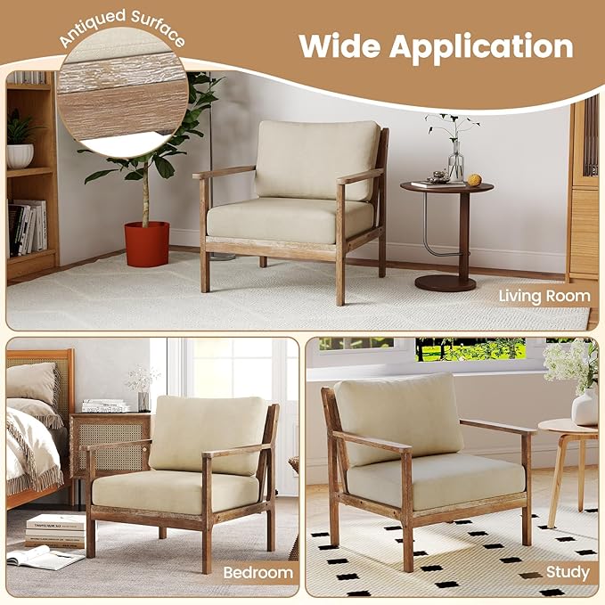 GOFLAME Mid-Century Modern Accent Chair Upholstered Armchair with Solid Wood Frame Linen Fabric Comfy Reading Chair Farmhouse Leisure Chair for Living Room Bedroom Sunroom Hosting Room