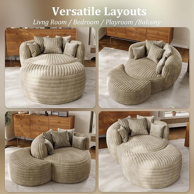 50 Oversized Chaise Lounge Indoor Round Reading Chair Lounge Chair with Ottoman Boneless Sofa Bed Large Fluffy Plush Corduroy Chaise Chair for Living Room Playroom Bedroom Camel