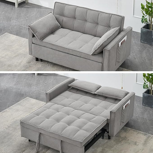 3 in 1 Corduroy Convertible Sofa Bed Pull Out Couch Bed with Reclining Backrest and 2 Pillows 54 Full Size Loveseat Sleeper Sofa Futon Couch Beds Couches for Small Spaces Living Room (Gray)