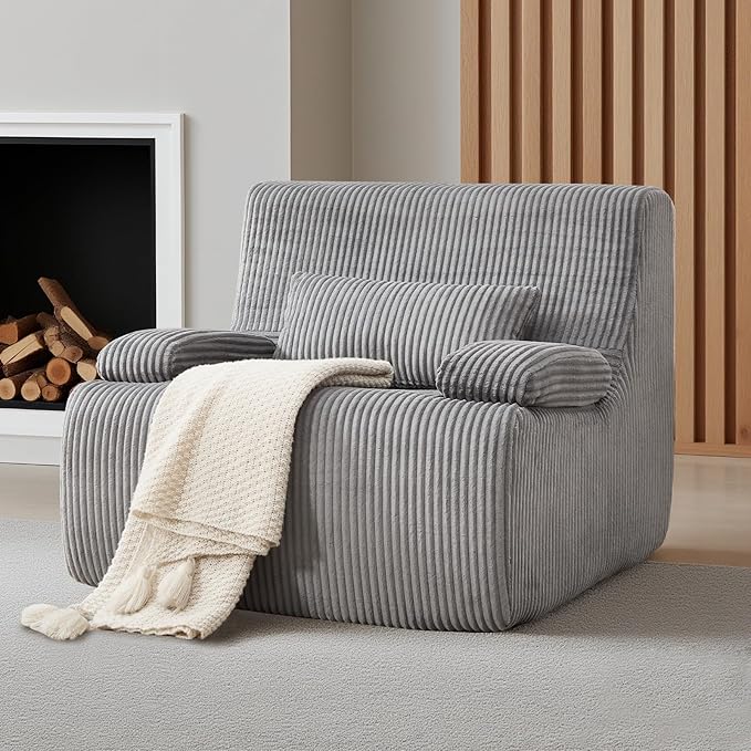 Boneless Chair for Small SpaceCorduroy Cloud Chair Foam Couch with Wide ArmrestFluffy Comfy Reading Single Sofa Chairs for Living Room Bedroom Apartment (Grey)