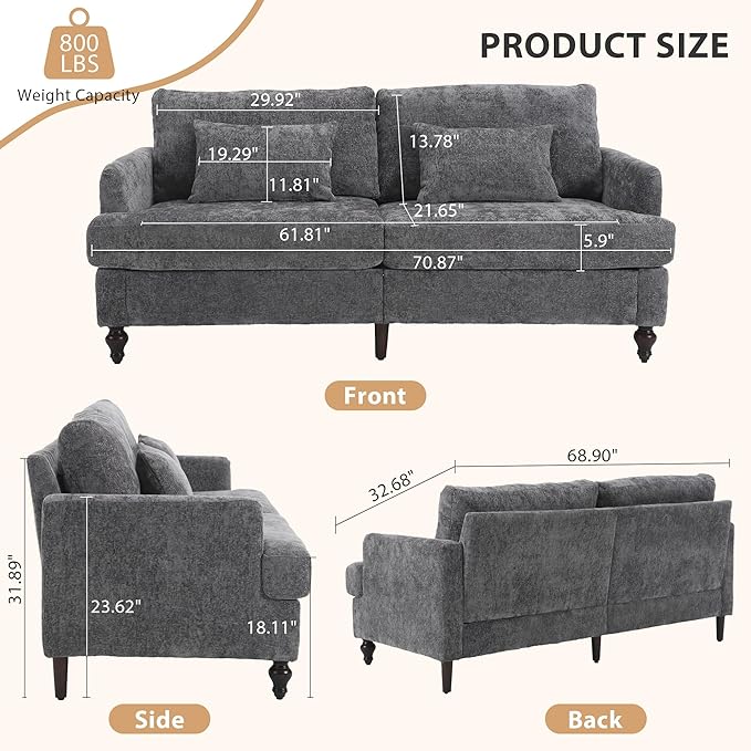 69” Modern Chenille Loveseat Sofa Couch Upholstered 2 Seat Love Seat Deep Seat Small Couch with 2 Pillows and Sturdy Wood Legs for Living Room Bedroom Apartment (Gray)