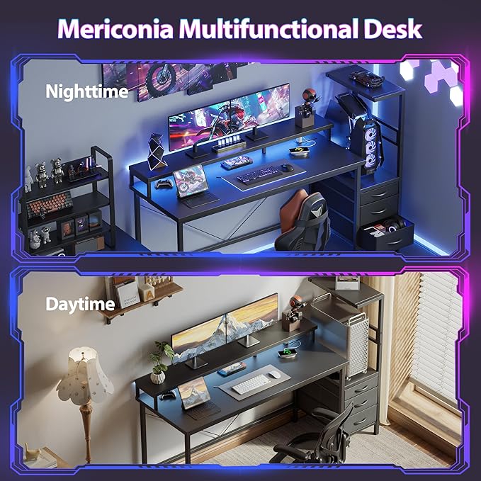 Mericonia Gaming Desk with Power Outlets &amp LED Lights Reversible Computer Desk with PC Case Stand Fabric Drawers Modern Office Desk with Shelves Monitor Stand