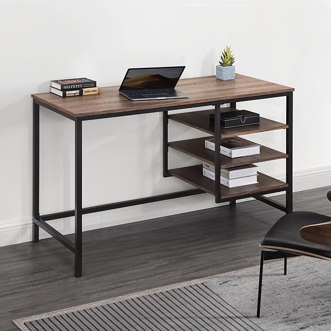 47 Modern Computer Desk Industrial Design Workstation with Wood Table Top Black Steel Frame and Shelves for Home Office Brown