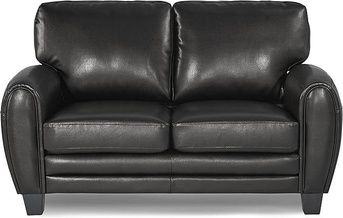 Homelegance 61.5W Rubin Modern Loveseat with Track Arms Foam Cushions Comfort 2 Seater Couch Faux Leather Love Seat for Living Room Apartment Office Easy Assembly Black