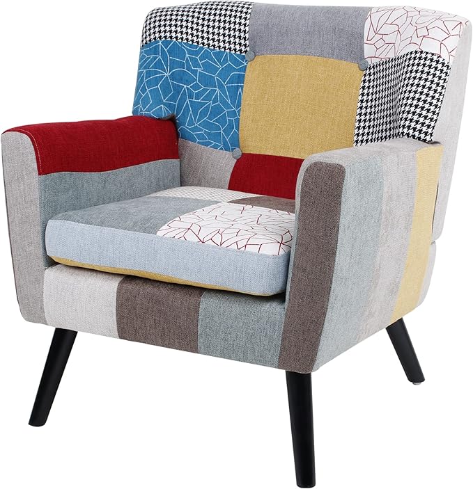 Patchwork Accent Chair Mid Century Modern Fabric Club Chair for Bedroom Comfy Colourful Single Sofa Chair for Livingroom Bedroom Office Study and Reading Room