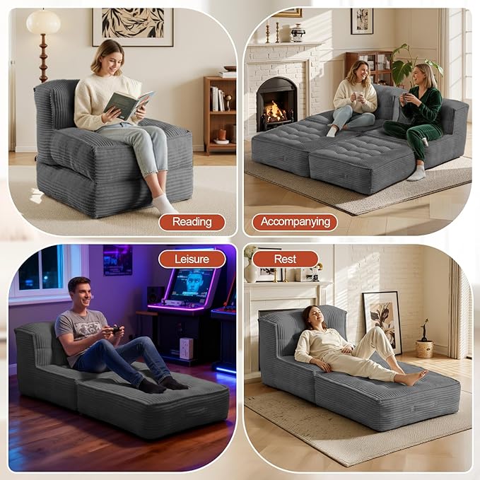 Folding Sofa Bed 5-in-1 Convertible Sleeper Reading Chair Corduroy Futon Sofa Bed Foldable Mattress with Back Support Portable Fold Out Chair Bed Comfy Floor Lounge for Living Room Bedroom