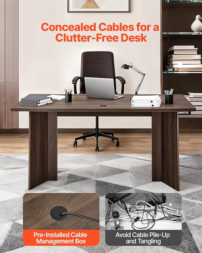 VEVOR 63 in Executive Desk Large Modern Rectangle Office Table Heavy Duty Wooden Executive Table with Cable Connection Hole 250 LBS Load Capacity Easy Assembly for Work Study Writing Walnut