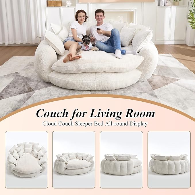 81'' Cloud Couches for Living Room Comfy Circle Round Couch Bed with 14 Pillows Upholstered Boneless Couch Oversized Chaise Lounge Chair Indoor Extra Wide Round Daybed Floor Sofa (White)