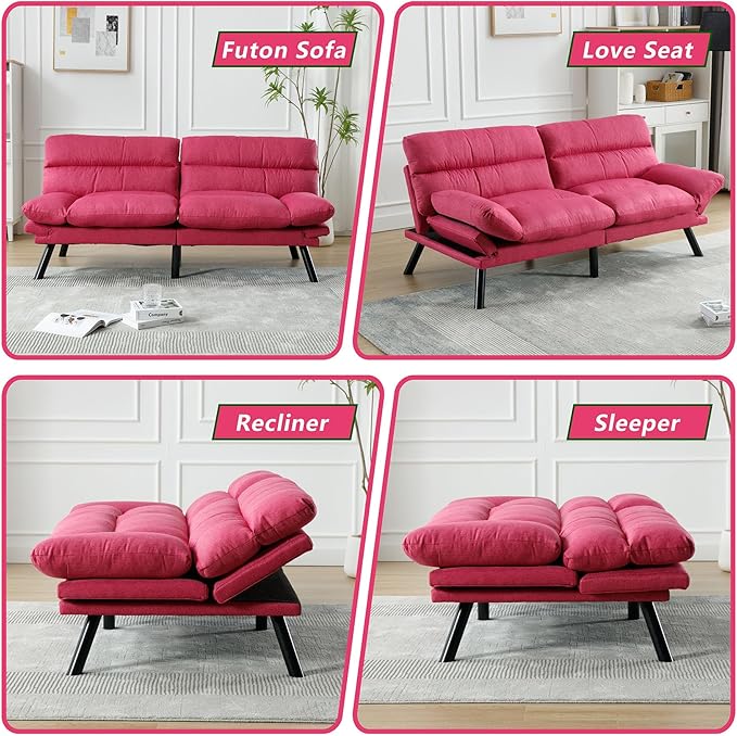 Anwick Modern Futon Couch Bed Sofa: Linen Fabric Quick Folding Armrest Space-Saving Convertible 2 Seater Loveseat for Living Room Bedroom Small Rooms Apartment (Pink) (Hot Pink)