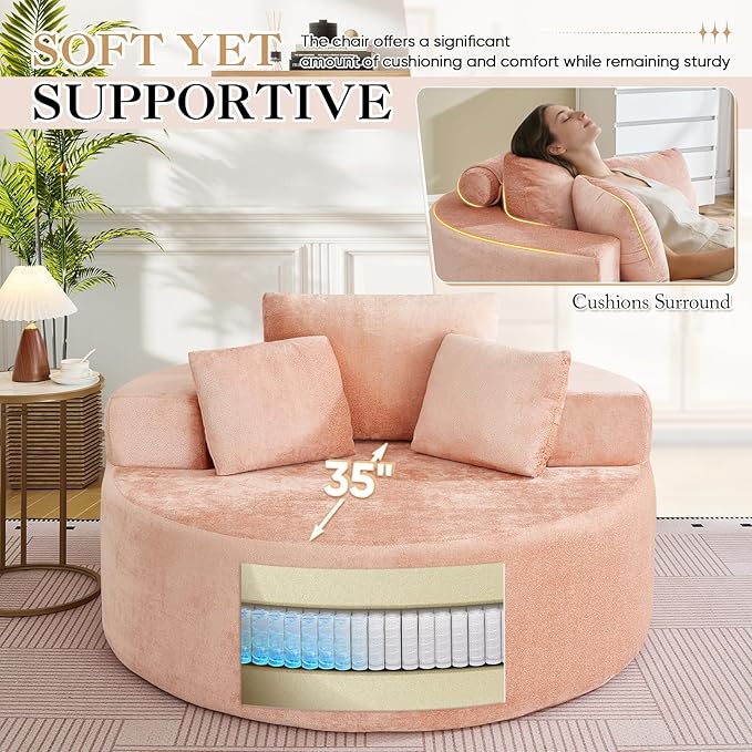 Modern Round Accent Sofa Chair for Living Room Upholstered Soft Terrycloth Barrel Lounge Arm Chair with Large seat&ampThrow Pillows for Bedroom Office Apartment Pink