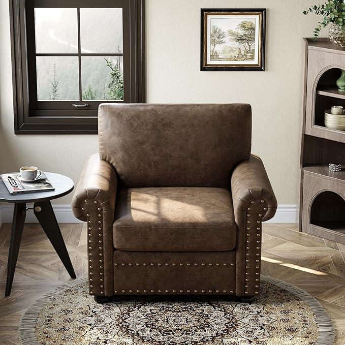 ONBRILL Nailhead Trim Accent Chair Faux Leather Club Chair for Living Room Comfy Armchair with Springs Cushions &amp Solid Wood Legs Traditional Rolled Arms Single Sofa for Bedroom Apartment Bro