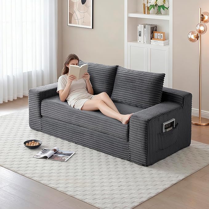 73 Memory Foam Cloud Loveseat Sofa 2 in 1 Convertible Folding Couch Bed Compressed Corduroy Floor Lounge Sofa No Assembly for Apartment Office Bedroom Living Room (Grey)