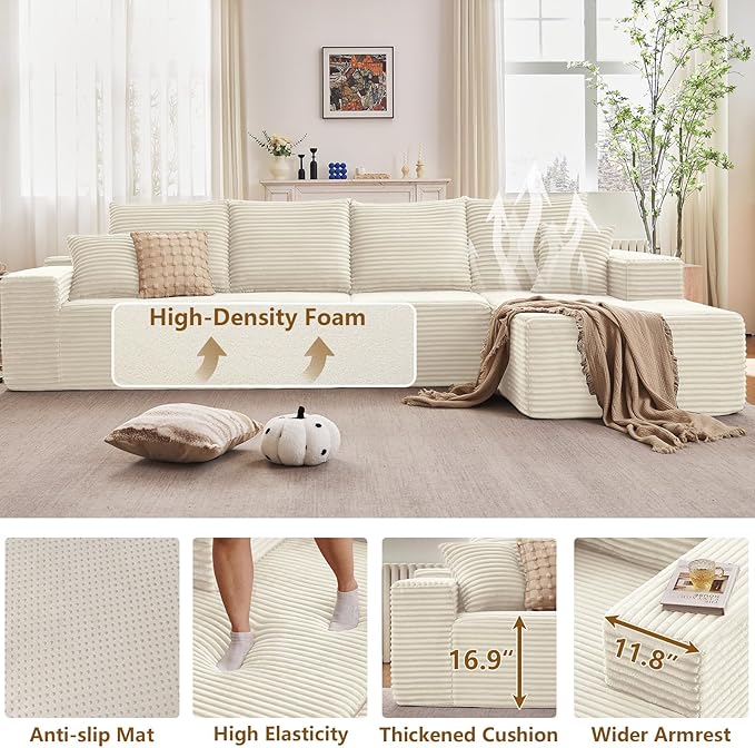 135 Cloud Sectional Couch with L-Shape Chaise Modern Modular Comfy Sofa Chaise Longue Upholstered Corduroy Couches Sleeper with Deep Seat for Living Room Bedroom No Assembly Required White