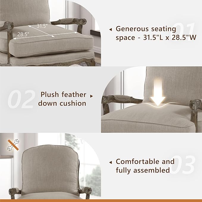 Lexicon Parlier Show Wood Accent Chair - Mid Century Modern Chair for Living Room Traditional French Country Style Padded Arms Reversible Cushion Solid Wood Frame Arrives Assembled Neutral