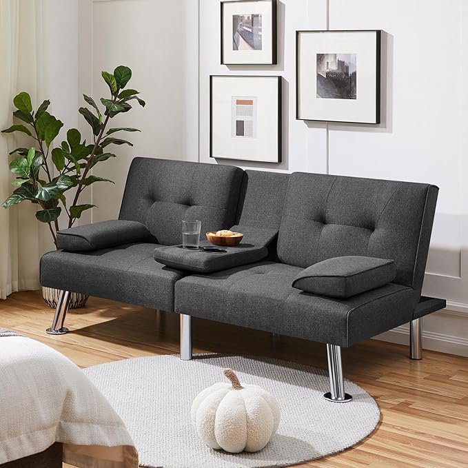 Yaheetech Convertible Sofa Bed Adjustable Fabric Couch Sleeper Modern Recliner Reversible Loveseat Folding Daybed Guest Bed Removable Armrests Cup Holders 3 Angles 772lb Capacity Dark Gray