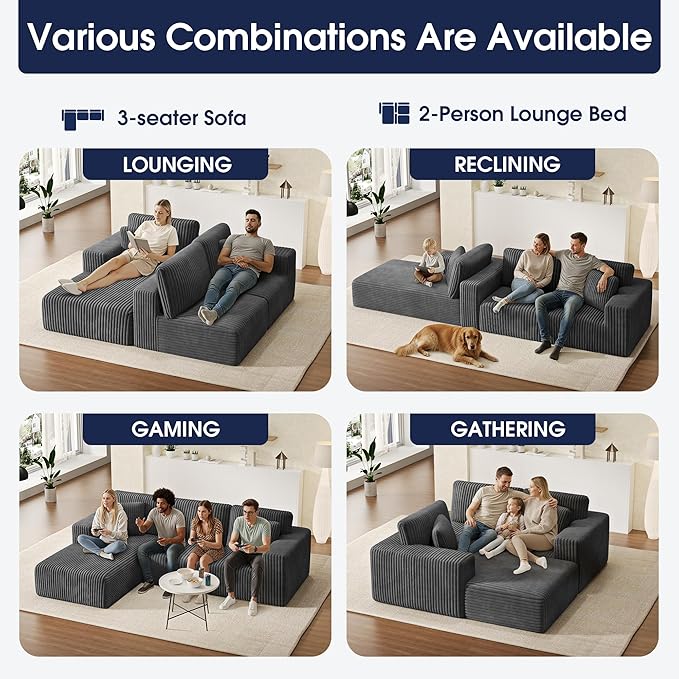 KINGYES 107'' Modular Sectional Sofa L Shaped Cloud Couch for Living Room Modern Plush Corduroy Boneless Sofa with Chaise for Bedroom Gray