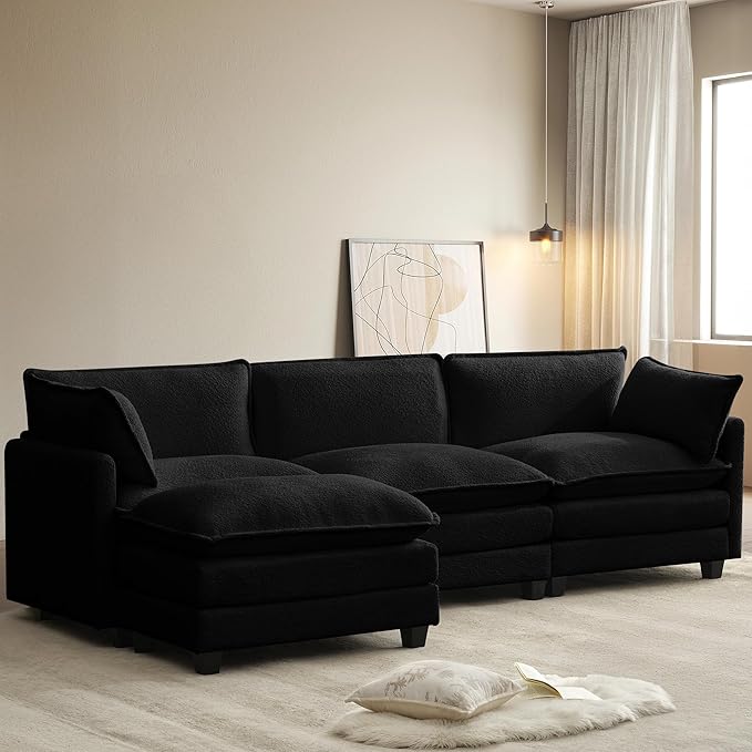 ROWHY 112'' Modular Sectional Cloud Couch with Movable Ottoman 4 Seat Modern Chenille Sofa with 2 Throw Pillows Deep Seat L Shaped Couch for Living Room Bedroom Apartment Black | Arrange Freedom P