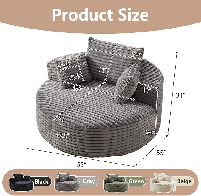 55''W Oversized Round Chair with PillowsComfy Corduroy Single ChairOversized Accent Chair with Deep Seat Modern Large Reading Chairs for Living Room &amp Bedroom (Grey)