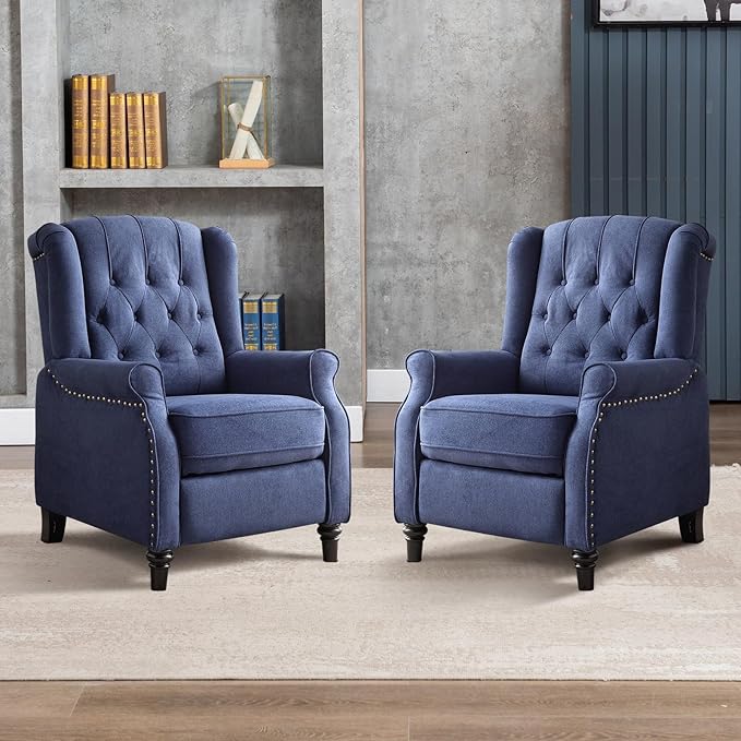 EBELLO 2 Pcs Push Back Recliner Chair Fabric Accent Chair Pushback Recliner with Rivet Decoration Button-Tufted Back Mid Century Wingback Armchair for Living Room Bedroom Blue