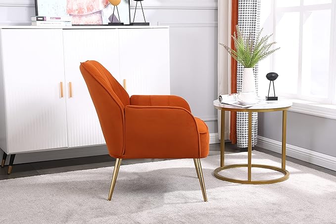 Modern Mid Century Chair Velvet Sherpa Armchair for Living Room Bedroom Office Easy Assemble(Orange)