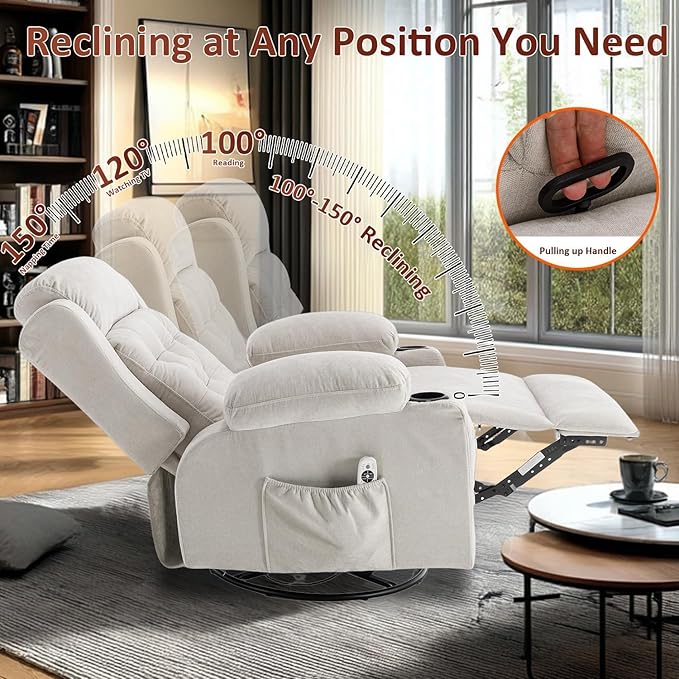 Rocker Swivel Recliner Chair with Massage and Heat Rocking Nursery Recliners Overstuffed Lounge Chair for Living Room Manual Recliner Mid Century Sofa Chairs with Cup Holders White