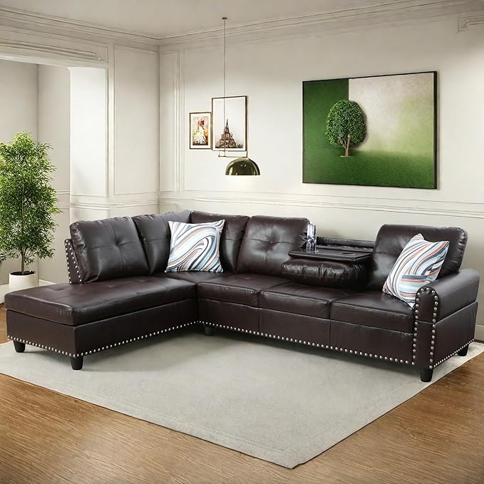 FONTOI Leather Sectional Couch Sofa Modern Nail-Head Design L Shaped Sectional Sofa for Living Room 4 Seat L Couch with Storage Ottoman &amp Cup Holder for Bedroom Apartment Red