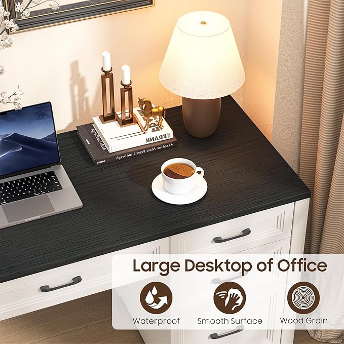 Farmhouse Executive Desk Wood Home Office Desk with 2 Large File Drawers and 5 Storage Cabinets Rustic Writing Desk for Work and Study Black